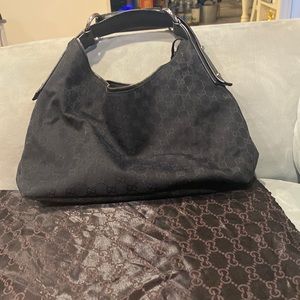 Authentic Gucci horse bit buckle handle fabric black hand bag